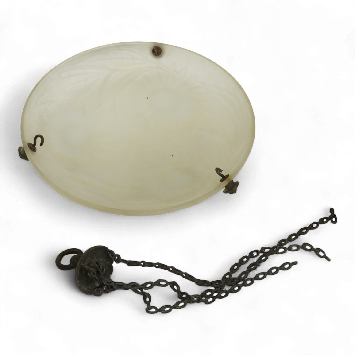 A Lalique style opalescent glass ceiling shade decorated with three sunflowers, 34cm in diameter